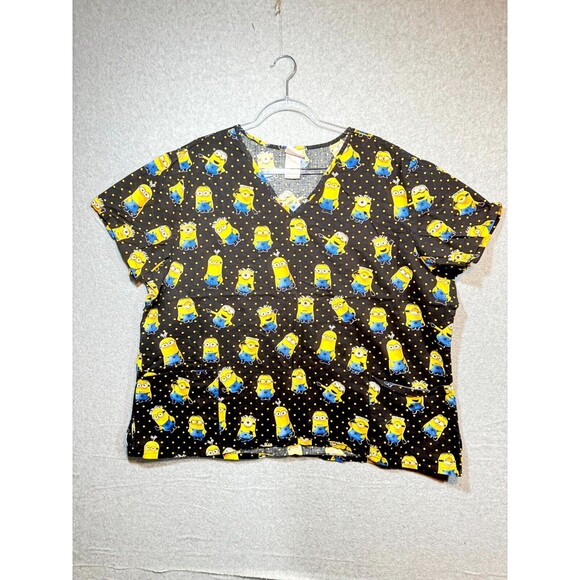 Despicable Me‎ Scrub Top Women's 3X Black Printed Cotton V-Neck Pockets Pullover - Picture 1 of 10